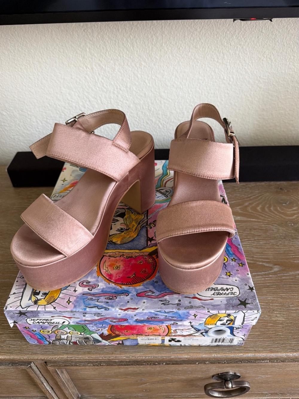 Jeffrey Campbell Moody Taupe Satin platform strap ankle heel size 8.5